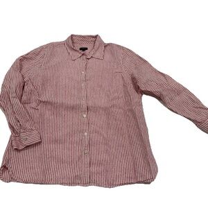 Talbots Women's LP Petites Red White Striped 100% Linen Button-Up Collared Shirt